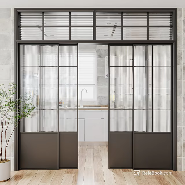 Modern Kitchen Interior With Sliding Glass Doors And Metal Frames Design 3d model