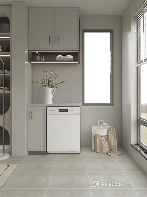 Modern Home Balcony Interior With Washing Machine Cabinet Potted Plant And Wicker Basket 3d model 