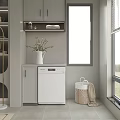 Modern Home Balcony Interior With Washing Machine Cabinet Potted Plant And Wicker Basket
