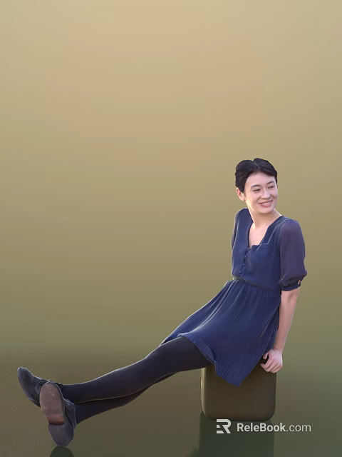 A smiling woman sitting in a dark blue dress against olive green background 3d model 