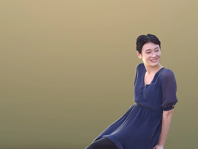 A smiling woman sitting in a dark blue dress against olive green background 3d model