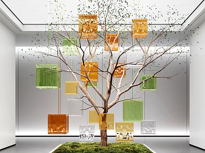 Indoor Landscape Art Installation With Tree Branches Colorful Squares Orange Green Yellow And Grass Lawn 3d model