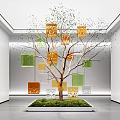 Indoor Landscape Art Installation With Tree Branches Colorful Squares Orange Green Yellow And Grass Lawn