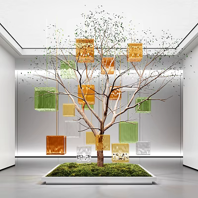 Indoor Landscape Art Installation With Tree Branches Colorful Squares Orange Green Yellow And Grass Lawn 3d model