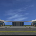 Symmetrical Modern Entrance Gate With Curved Roof Glass Walls And Parking Area