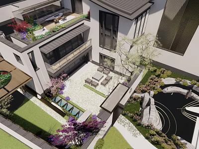 Courtyard Garden Design Featuring Lush Greenery Stone Pathway Outdoor Seating And Water Feature 3d model