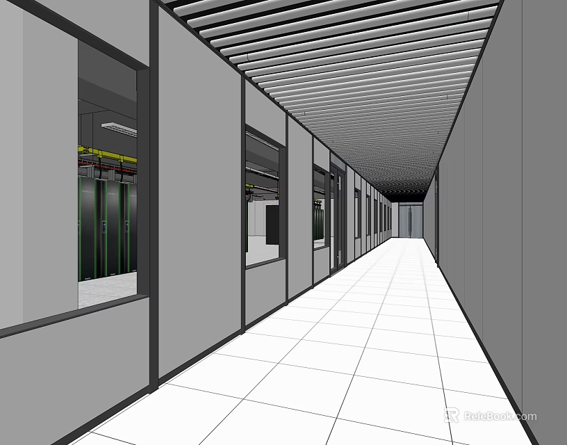 Modern Elevator Hallway Interior With Sleek Walls Ceiling Panels And White Tile Flooring 3d model