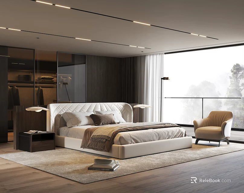 Modern Bedroom Interior Design With White Bedside Lamps Wooden Flooring And Floor to Ceiling Windows 3d model 