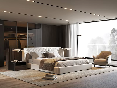 Modern Bedroom Interior Design With White Bedside Lamps Wooden Flooring And Floor to Ceiling Windows 3d model