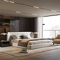 Modern Bedroom Interior Design With White Bedside Lamps Wooden Flooring And Floor to Ceiling Windows