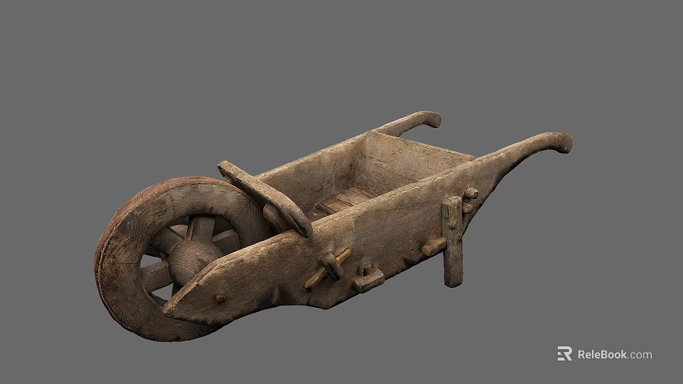 Old Wooden Wheelbarrow With Vintage Design Rustic Single Wheel And Antique Farm Features 3d model 