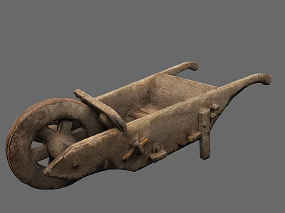 Old Wooden Wheelbarrow With Vintage Design Rustic Single Wheel And Antique Farm Features 3d model