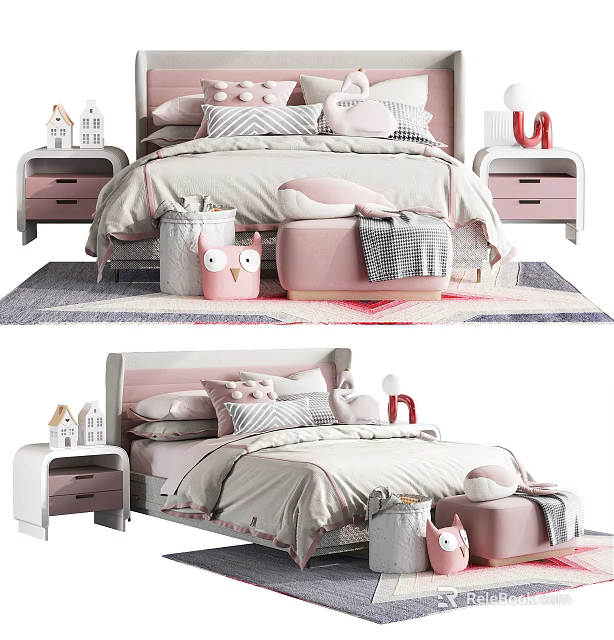 Pastel Pink and White Children's Bed with Side Tables Little House Decor and Storage Toys 3d model 