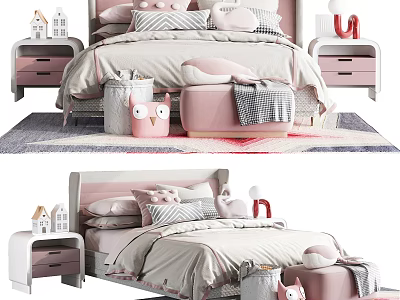 Pastel Pink and White Children's Bed with Side Tables Little House Decor and Storage Toys 3d model