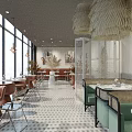 Modern Restaurant Interior With Large Windows Woven Pendant Lights And Geometric Floor Tiles