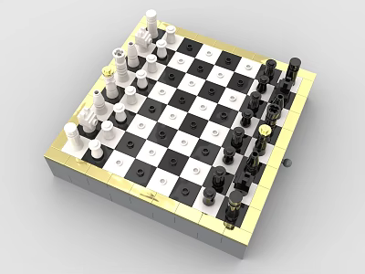 Building Block Chess Board with Black and White Pieces and Checkerboard Squares 3d model