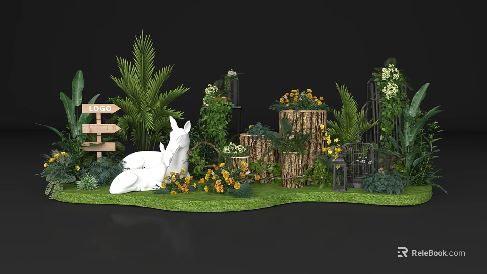 Floral Display With White Unicorn Sculpture Yellow Flowers Green Plants Tree Stumps And Wooden Sign 3d model 