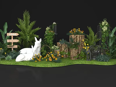 Floral Display With White Unicorn Sculpture Yellow Flowers Green Plants Tree Stumps And Wooden Sign 3d model