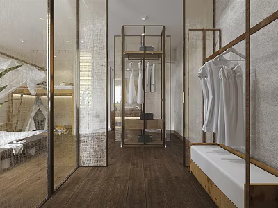 Modern Walk-in Closet Interior With Wooden Floor Metal Racks Transparent Partitions And White Clothes 3d model