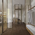 Modern Walk-in Closet Interior With Wooden Floor Metal Racks Transparent Partitions And White Clothes