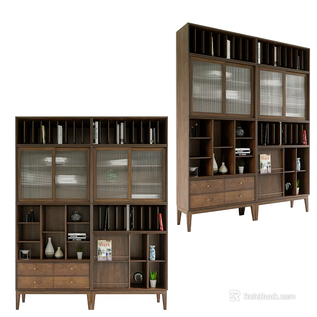 Wooden Bookshelf With Glass Doors Multiple Shelves Drawers And Decorative Items 3d model 