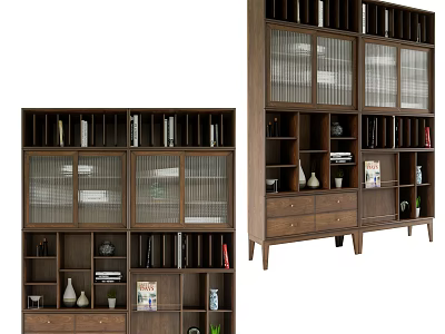 Wooden Bookshelf With Glass Doors Multiple Shelves Drawers And Decorative Items 3d model
