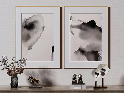Abstract Black And White Ink Paintings In Living Room With Vase Horse Figurine And Books 3d model