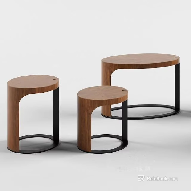 Modern Minimalist Three Round Tables With Wooden Tops And Black Metal Frames 3d model 