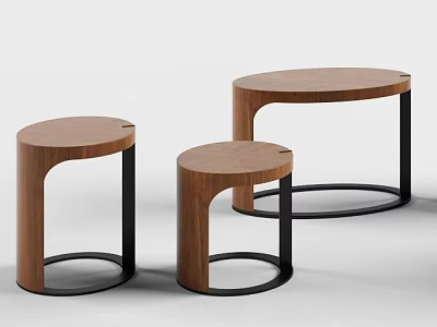Modern Minimalist Three Round Tables With Wooden Tops And Black Metal Frames 3d model