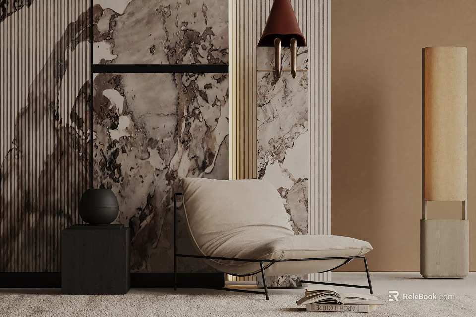 Beige Lounge Chair With Black Metal Frame In Modern Interior With Marble Wall And Side Table 3d model 
