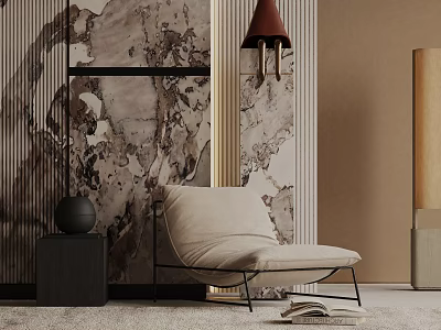 Beige Lounge Chair With Black Metal Frame In Modern Interior With Marble Wall And Side Table 3d model