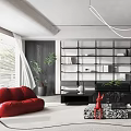 Modern Living Room Interior With Red Sofa Black Seating Decorative Bookshelf And Chandelier