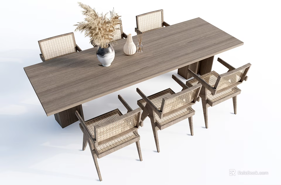 Wooden Dining Table Set With Six Woven Chairs Tabletop Vase Dried Flowers And Decorative Items 3d model 