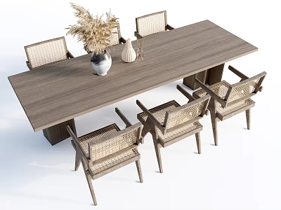 Wooden Dining Table Set With Six Woven Chairs Tabletop Vase Dried Flowers And Decorative Items 3d model