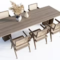 Wooden Dining Table Set With Six Woven Chairs Tabletop Vase Dried Flowers And Decorative Items