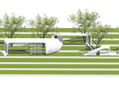 Modern White Pergola Structure In Green Lawn With Trees And Open Design 3d model