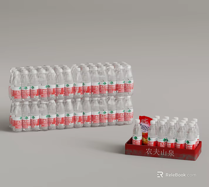 Multiple Nongfu Spring Mineral Water Bottles Arranged in Carton Packaging 3d model 
