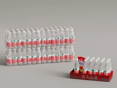 Multiple Nongfu Spring Mineral Water Bottles Arranged in Carton Packaging 3d model