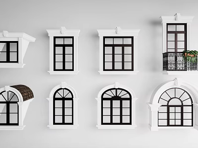 Various Window Styles with White Frames Black Glass Including Balcony Arched and Bay Designs 3d model