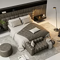 Modern Double Bed Interior Featuring Leather Headboard Nightstand Table Lamp Green Plant And Rug