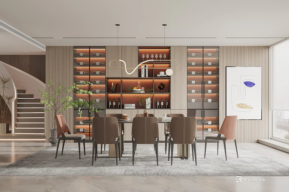Modern Restaurant Dining Space With Wooden Table Chairs Pendant Light Wine Rack Artwork And Green Plants 3d model 