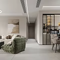Modern Living and Dining Room Interior With Beige Sofa Green Armchair TV And Decorative Painting