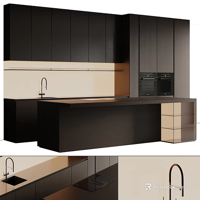 Modern Kitchen Interior Design With Black Cabinets Sleek Island Counter And Appliances 3d model 