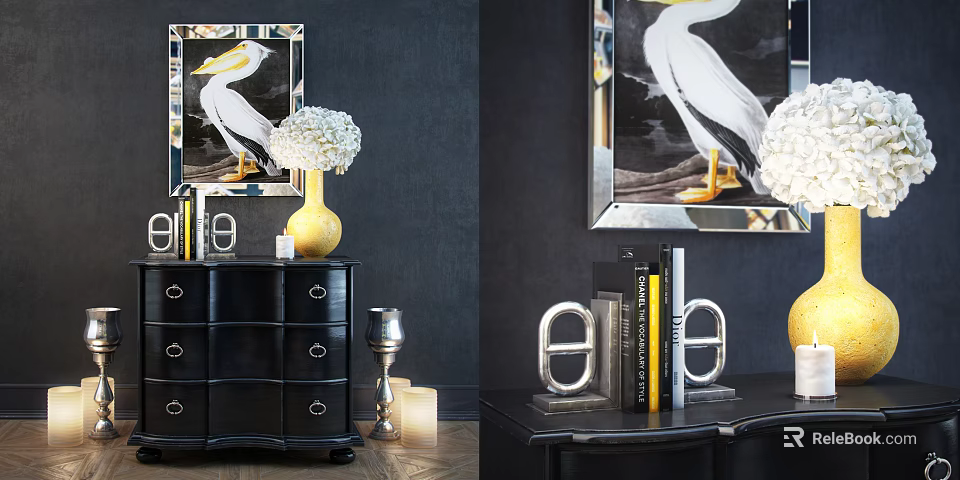 Stylish Entryway Console Table And Side Cabinet With Decorative Vase Books Candle Holder And Mirror 3d model 