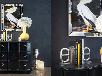 Stylish Entryway Console Table And Side Cabinet With Decorative Vase Books Candle Holder And Mirror 3d model