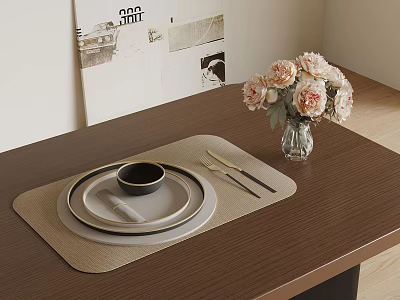 Wooden Dining Table Setup With Woven Placemat Tableware Vase And Pink Flowers 3d model