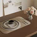 Wooden Dining Table Setup With Woven Placemat Tableware Vase And Pink Flowers