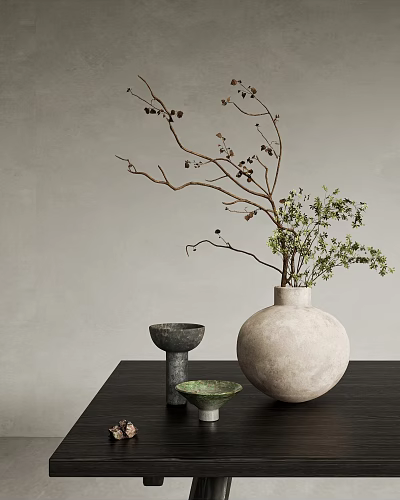 Decorative Ornament Set With Vase Branches Green Plants And Small Ornaments On Dark Table 3d model