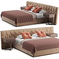 Tufted Beige Headboard Double Bed With Brown Blanket Orange Pillows And Nightstand