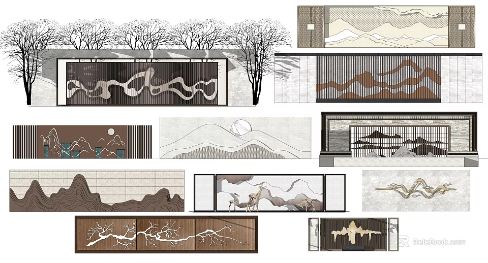 Landscape Wall Design Featuring Mountain Patterns Trees Moon Deer And Natural Elements 3d model 